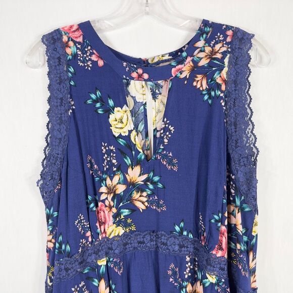 Wonderly Plus Size 2X Tank Top Blue Floral Lace Keyhole Sleeveless Peplum 283 - Picture 5 of 10